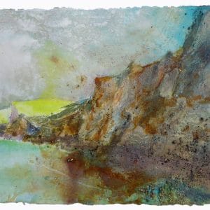 HATCH Early Sun Touches Durdle Door Promontory, Lulworth, Dorset. 2019. Site materials and gouache on handmade paper. 71x36cm