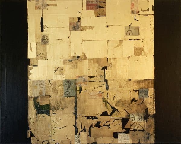 Golden Lore IV 80x100cm metallic leaf , acrylic and collage with ink on canvas Gall P £3,200